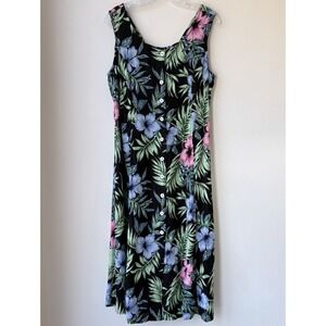 Vtg Koret Midi Button Up Dress MP Blue Floral Tropical Smocking Beach